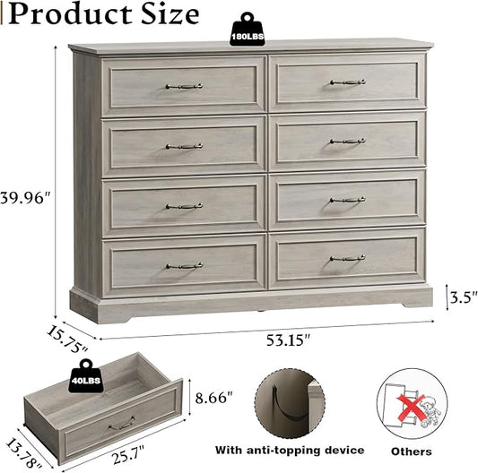Farmhouse 8 Drawers Dresser for Bedroom, 54" Wide Modern Chest of Drawers with Deep Drawers & Bar Handles, Rustic Wood Dresser TV Stand, Wooden Closet Storage Organizer for Living Room, Hallway, Grey