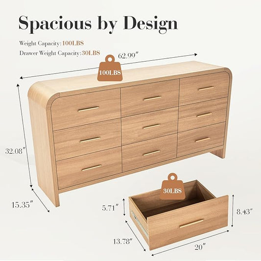 Curved 9-Drawer Dresser for Bedroom, 63" Wide Modern Chest of Drawers, Vanity Desk TV Stand for Living Room, Closet Storage Drawers Organizer Furniture, Nursery, Hallway, Oak