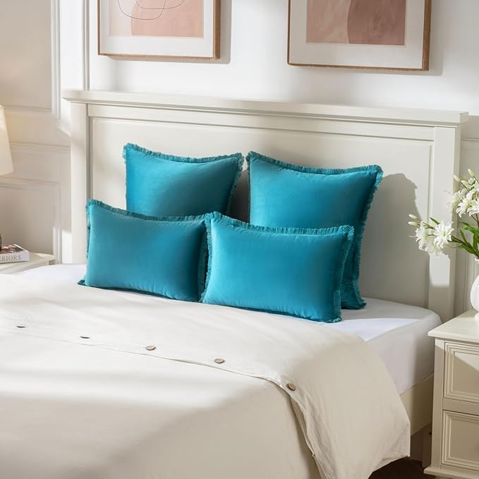FUTEI Teal Velvet Decorative Throw Pillow Covers 24x24 Set of 2,Soft Cozy Edge with Tassels European Cushion Case,Boho Modern Home Decor for Couch Bed Living Room