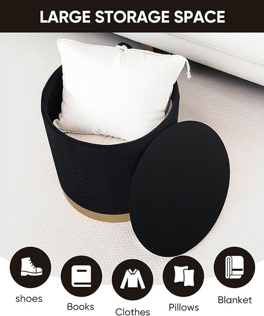 B FSOBEIIALEO Ottoman with Stroage, Round Velvet Storage Ottoman with Gold Plating Base,Foot Rest Stool for Dorm Room, Living Room Black, 16.73"x16.73"x17.72"