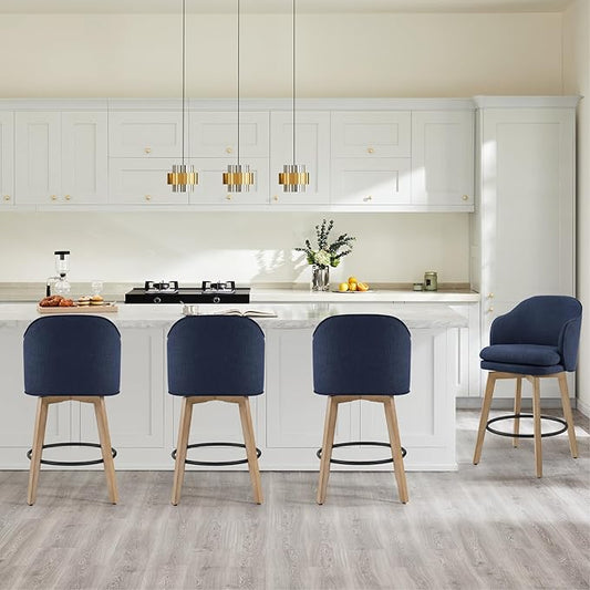 Counter Height Barstools 26 inch Upholstered Swivel Bar Stools with Back and Wood Legs for Kitchen Island,Set of 3,Blue Fabric