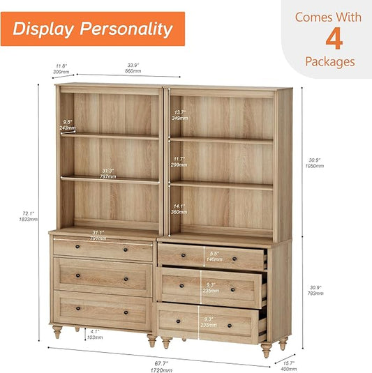 WAMPAT 3 Tier Bookshelf with 3 Drawers, 72" Tall Bookcase Large Farmhouse Display Book Case Shelf with 3-Tier Open Book Shelfs,Library Wood Bookshelves for Living Room,Kitchen, Oak(2PCS)