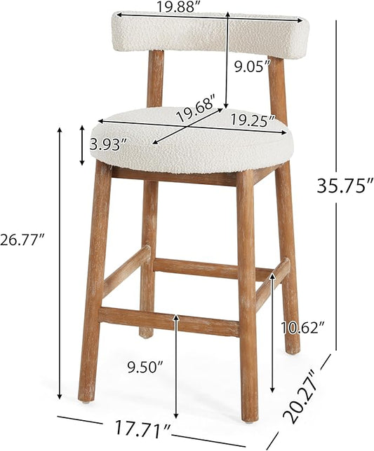 Christopher Knight Home Annes Counter Height Bar Stools Set of 2, Boucle Fabric Round Bar Stool for Kitchen Island, Wooden Dining Room Chair, Counter Stool with Footrest, Natural+Milky White