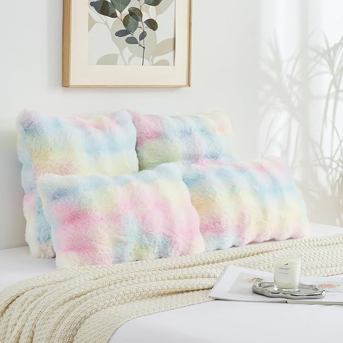 FUTEI Rainbow Decorative Throw Pillow Covers 20x20 Inch Set of 2,Soft Fuzzy Faux Rabbit Fur Cushion Covers with Raised Texture,Neutral Boho Home Decor for Couch Bed Living Room