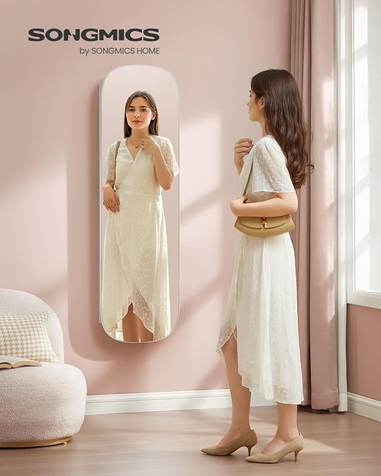 SONGMICS Jewelry Organizer, LED Jewelry Cabinet Wall/Door Mounted, Lockable Rounded Wide Mirror with Storage, Christmas Gift, 3.9 x 16.5 x 55 Inches, White Surface with Greige Lining