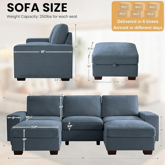 TEKAMON 100" Modular Sectional Sofa with Seats Storage, U Shaped Couch with Movable Ottomans, Chenille Fabric Couch for Living Room,Removable Cover(Blue, 3 Seater & 2 Ottomans- U Shape)