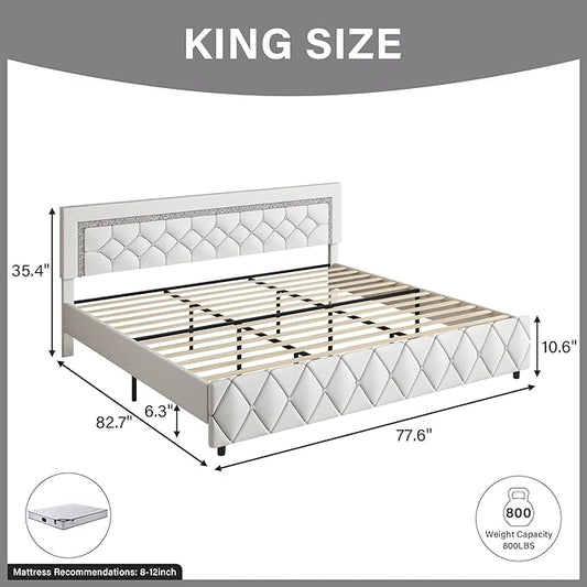 BarnFurin King Size Bed Frame and Headboard, Faux Leather Upholstered Bed with Diamond Tufted Design, Modern Platform Bed Frame with Wooden Slats Support, No Box Spring Required, Easy Assembly, White
