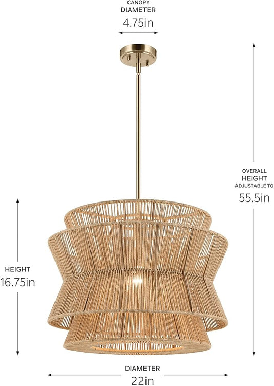 KICHLER Ophira 1-Light Pendant, Global Boho Light with Jute Shade in Champagne Bronze, Sloped Ceiling Compatible, for Kitchen or Foyer (16.75" x 22"), 52734CPZ