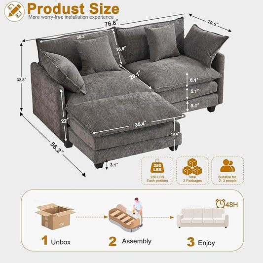 Cloud Chenille L-Shaped Sofa with Ottoman, 77" Space Saving Sectional Loveseat with Chaise, for Small Spaces, Easy Assembly, 1YR Warranty