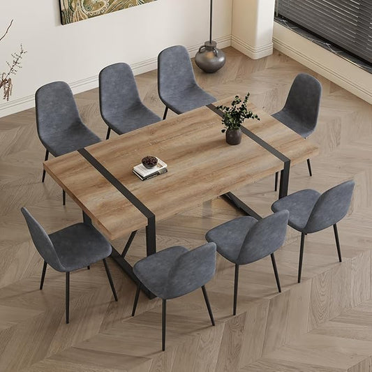 Dining Table Set for 8,9 Piece Dining Table Set,71'' Kitchen Table and Suede Nap Fabic Chairs Set of 8,for Kitchen Dining Room