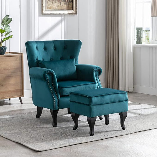 Accent Reading Arm Chairs with Ottoman Set of 2 for Living Room Bedroom, Midcentury Modern Corner Sofa Chair, Wingback Waiting Room Club Chair with Tufted Back &Lumbar Pillow, Velvet Teal