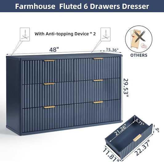LEYAOYAO Fluted 6 Drawers Dresser, 48" Wide Modern Chest of Drawers with Woodgrain Top, Curved Profile Design, Dresser TV Stand, Wood Drawer Organizer for Bedroom, Living Room, Hallway,Blue
