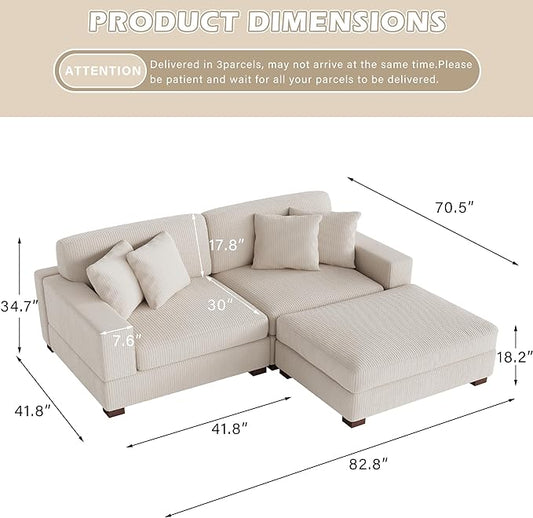 Modular Sectional Couches for Living Room, Modern Loveseat 2-Seater Sofa Couch with Ottoman, Upholstered Couches for Living Room Bedroom, Beige