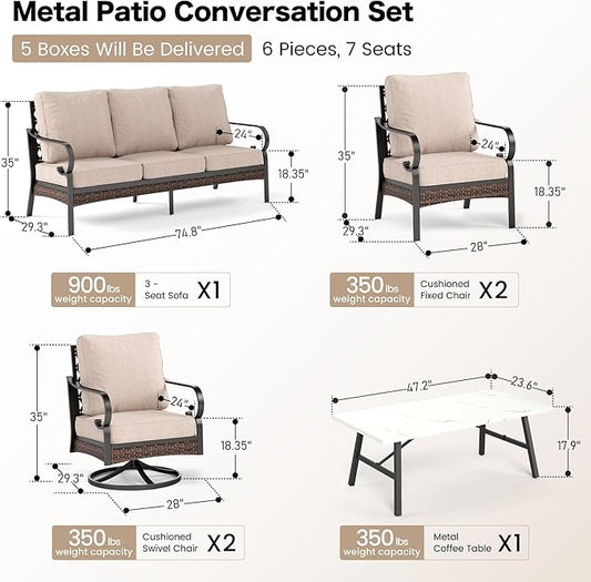 6 Piece Metal Outdoor Patio Furniture Set, Patio Conversation Set with 3-Seater Couch, 2 Fixed Sofa, 2 Swivel Sofa (5.75" Thick Cushion) & Coffee Table Black Backyard Furniture, Beige