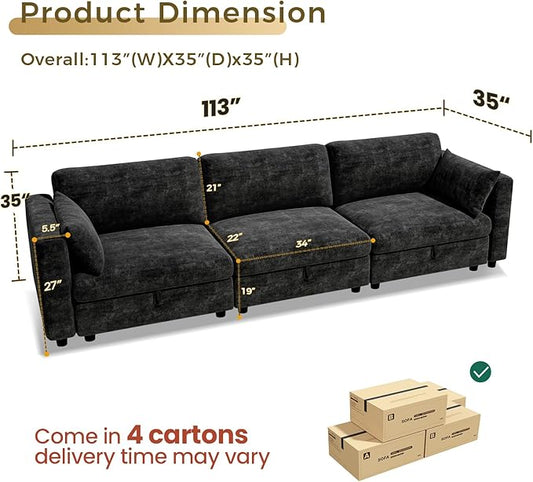 KKL Modular Sectional Sofa Couches for Living Room, 113" Sofa Couch with Adjustable Backrest, Chenille 3 Seater Sofa Couch with Comfy Cushion, Chenille, Black