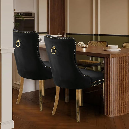 Velvet Upholstered Dining Chairs Set of 2, Modern Style Kitchen Side Chairs with Nailhead Trim and Gold Plated Leg, Metal Pulling Ring for Dining Room Living Room(Black,Set of 2)