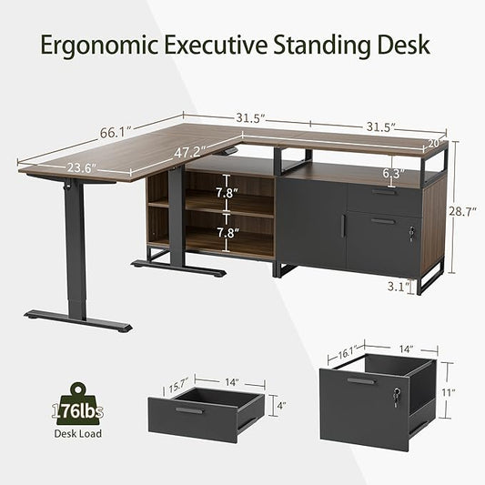 BANTI Executive L Shaped Standing Desk, 66 Inch with 2-Drawer File Cabinet, Electric Height Adjustable Stand up Desk, Home Office Computer Desk with Shelves, Black Walnut Top