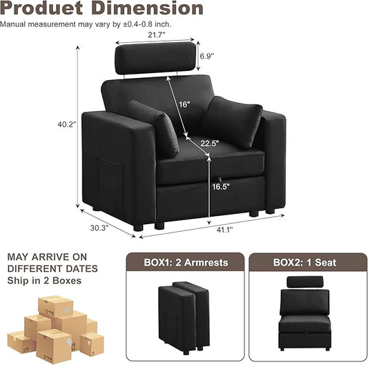 41.1" Accent Sofa Chair with Storage, Faux Leather Living Room Chairs with Headrest and Side Pockets, Mid Century Modern Arm Chair, Upholstered Comfy Single Couch Reading Club Chairs, Black