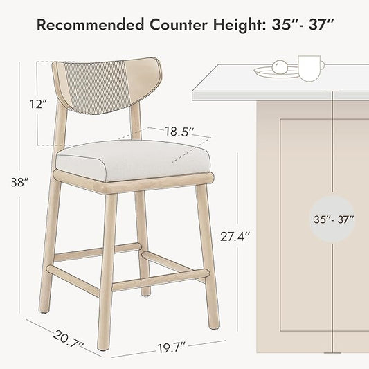 Watson & Whitely Boho Counter Height Bar Stools Set of 2, 27” Modern Upholstered Bar Stools with Natural Woven Rope Back and Solid Wood Frame for Kitchen Island, Home Bar, Fabric in Khaki