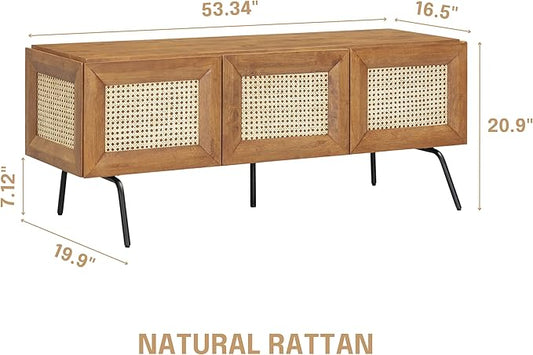 NTC Mossic TV Media Cabinet with 3 Doors for TVs, Entertainment Center with Natural Rattan, Metal Legs, Modern Storage Console for Living Room and Bedroom, Effortless Assembly, Teak Look