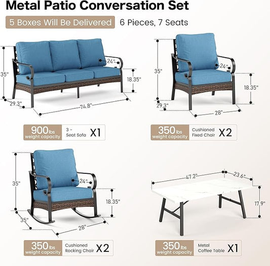 6 Piece Metal Outdoor Patio Furniture Set, Patio Conversation Set with Rocking Chair and 5.75" Thick Cushion & Coffee Tabl, Outdoor Seating Black Frame Backyard Furniture, Denim Blue