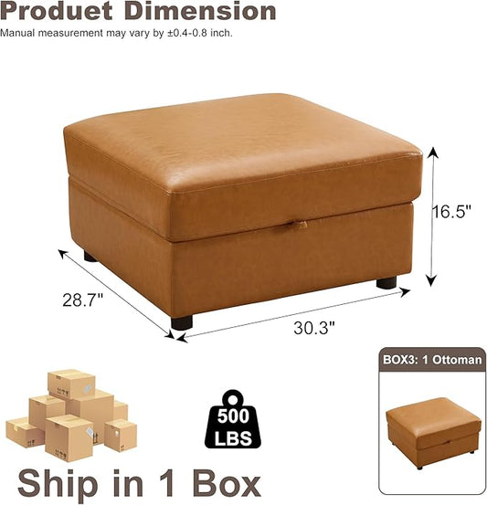 Ottoman with Storage, Faux Leather Square Storage Ottoman, Large Ottomans Foot Rest, Upholstered Foot Stools Ottomans for Modular Sectional Sofa, Coffee Table for Living Room, Brown