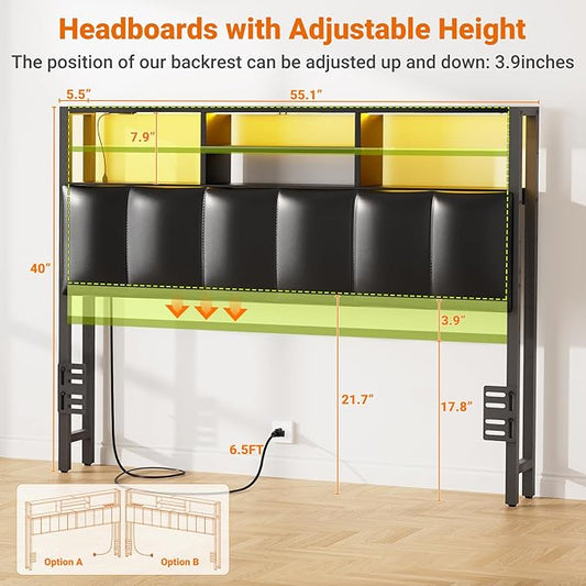 Aheaplus Headboard for Full Size Bed with Storage, Upholstered Headboards with Outlets, USB Ports and LED Light, Reversible Full Size Head Board, Height Adjustable, Comfortable Headboard, Black
