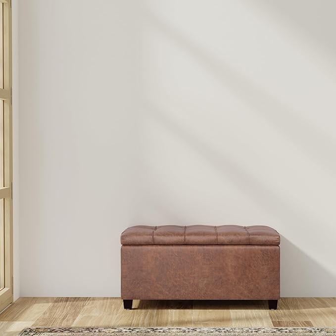 SIMPLIHOME Sienna 33 inch Wide Transitional Rectangle Storage Ottoman Bench in Distressed Saddle Brown Vegan Faux Leather, Assembled, for The Living Room, Entryway and Family Room