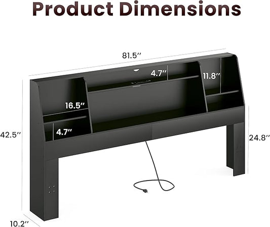 King Size Headboard Only for Bed, Wood Bookcase Headboard with Charging Station & 2 LED Lights, Modern King Bookshelf Headboard with Storage, Noise-Free, Sturdy and Durable, Black