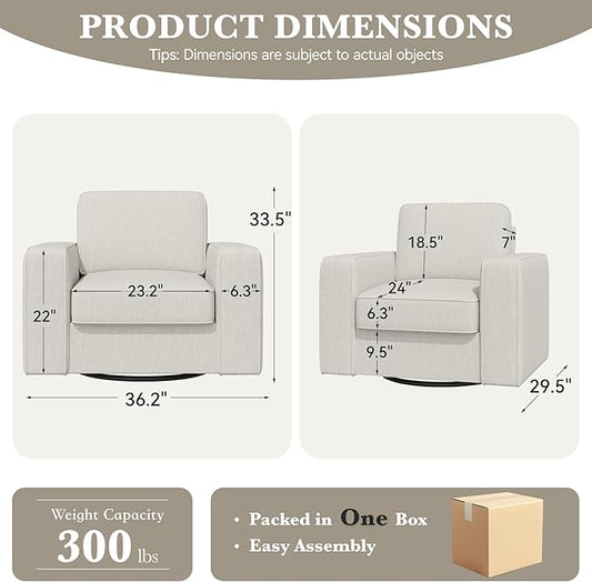 360 Degree Rotation Swivel Accent Sofa Chairs, 36'' Width Oversized Armchairs 1 pcs Linen Living Room,Reading-Khaki