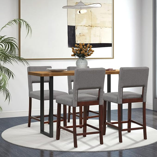 COSTWAY Bar Stools Set of 4, Linen 24.5 Inch Counter Height Chairs with Hollowed Backs, Rubber Wood Legs, Upholstered Barstools for Kitchen Island Home Bar Pub Dining Room, Beige