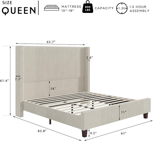 HOWE Queen Size 61" Corduroy Upholstered Bed Frame, Platform Bed with Vertical Stripe Wingback Headboard, No Box Spring Needed/Noise Free/Solid Wood Slats & Legs/Cream