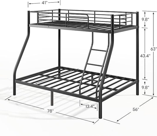 Bunk Beds Twin Over Full Size, Heavy Duty Metal Bunk Bed Frame with Angled Ladder for Teens and Adults, for Spaces-Saving, Smooth Rounded Edges, Noise Free & Easy Assembly, Black