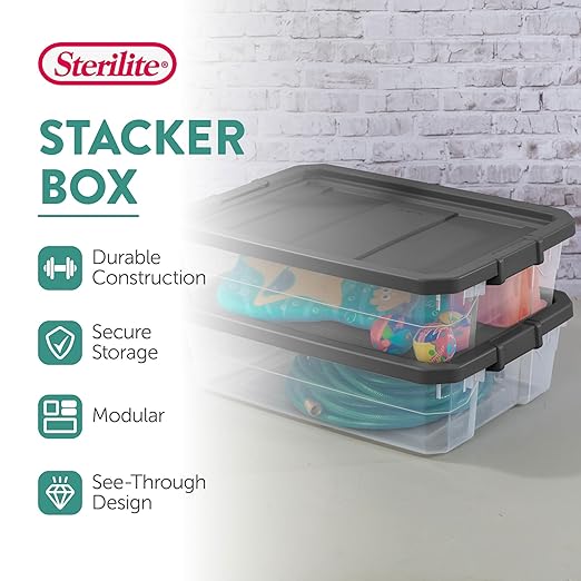 Sterilite 18-Pack Modular Stacker Box, Durable Clear Plastic Storage Bins with Latching Lids, 40 Quart - Stackable Organizing Container Boxes for Closet, Bathroom, and Office