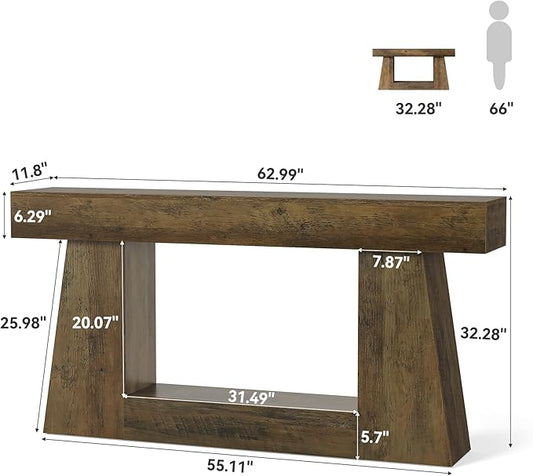 LITTLE TREE 63" Farmhouse Console Table with Storage, Rustic Sofa Table for Entryway, Narrow Long Sofa Table Behind Couch, Console Table for Living Room, Hallway—Versatile Storage Solution, Oak