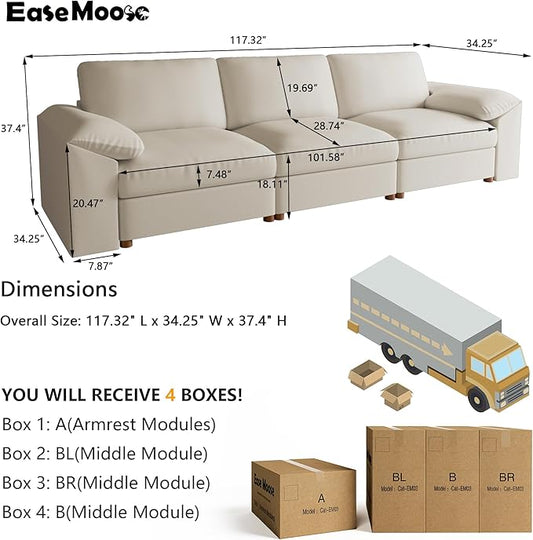 EASE MOOSE 3 Seater Deep Seat Sectional Sofa,Scratch Resistant Faux Leather Material, Oversized Modular Couch for Living Room,Modern Comfy Sofas for Small Spaces, Beige