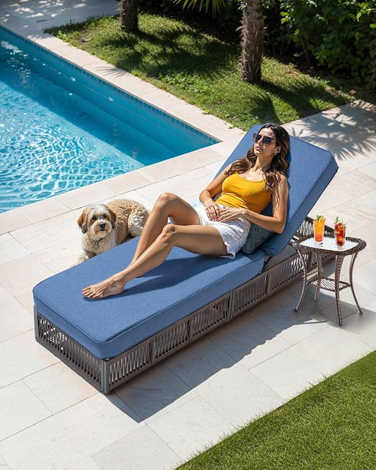 Luxury Outdoor Chaise Lounge Chairs of 2 with 5 Inch Thick Cushions and Side Table - 3 PCS High Back Brown Wicker Patio Recliners Lounger Furniture Set for Poolside Sunbathing - Navy Blue
