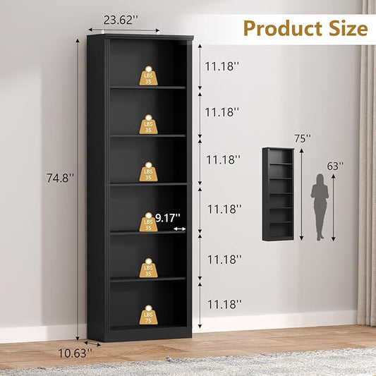 75" Tall Bookshelf & Bookcase Set of 2, 6-Tier Adjustable Storage Shelves, Book Shelf with Anti-Tipping Device, Floor Standing Modern Display Rack for Living Room, Bedroom, Office, Black