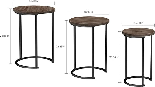 Lavish Home 6-Piece Nesting Tables – Set of 6 Round Side Tables with Woodgrain-Look Tops and Black Metal Frames – Modern Accent & End Table Set for Living Room, Bedroom, or Home Office (Gray/Brown)
