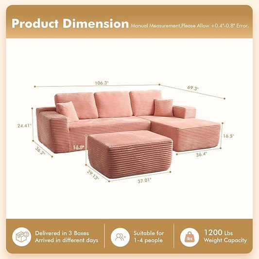 106" Cloud Sectional Couch with L-Shape Chaise & Ottoman, No Assembly Modular Sofa, Deep Seat Plush Corduroy Boneless Couched for Living Room (Pink Plush Corduroy, Right Facing Chaise with Ottoman)