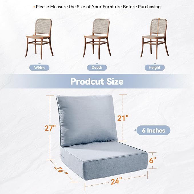 Luxury 6" Outdoor Cushions for Patio Furniture, 24x24x6" Thick Seat Cushion Set of 8, Fade Resistant Couch Chair Replacement Cushions High Density Wicker Chair Cushion w/ Removable Cover Baby Blue