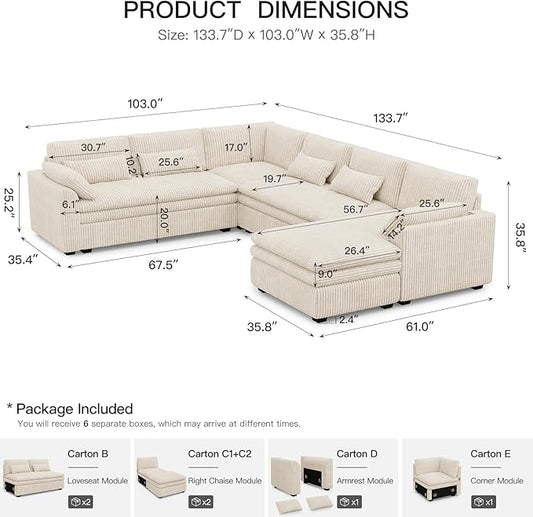 Belffin Large Modular Sectional Sofa with Deep Chaise, Corduroy U Shaped Couch with 9" Soft Dual-Layer 7 Seats Cushion for Living Room, Apartment, Beige