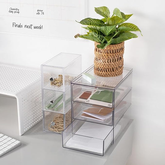 mDesign Plastic Stackable Organizer with 3 Drawers - Pull-Out Drawer Storage Bin for Bathroom Sink/Cabinet Organization - Perfect for Makeup, Small Towels, and More - Lumiere Collection, Clear