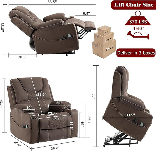 Large Power Lift Recliner Chair Sofa with Massage and Heat for Big and Tall Elderly,Infinite Positions,Single Motor,Cup Holders,and USB Ports,Velvet Home Theater Seat