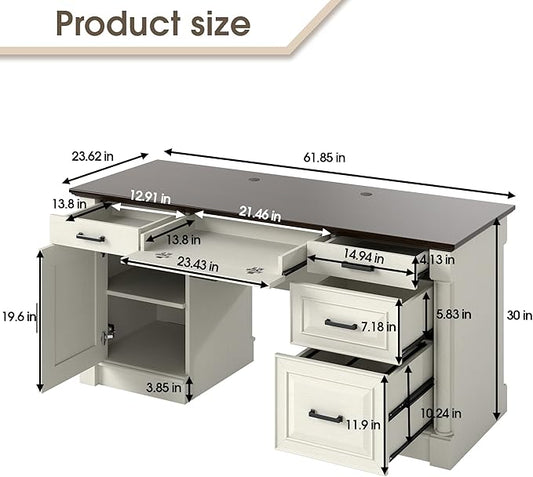 61.85″ Executive Desk with Roman Column Design, Large Boss Office Desk 3 Drawers incl. File Drawer, Keyboard Tray, Cabinet Shelf with Door, White with Brown Desktop