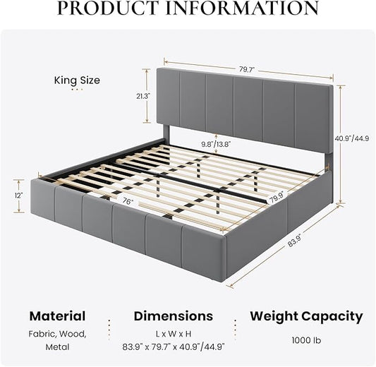 SHA CERLIN King Size Bed Frame, Velvet Upholstered Platform Bed, Vertical Channel Tufted Adjustable Headboard, Low Profile Bed Frame, No Box Spring Needed, Easy Assembly, Grey