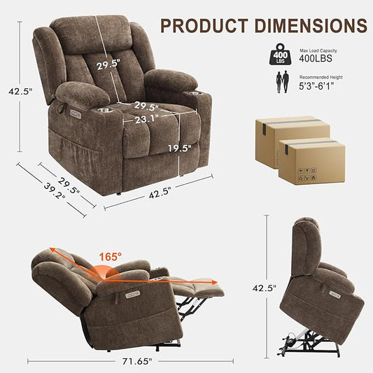 Large Power Lift Recliner Chair with Massage and Heat, Durable Heavy Duty Steel Mechanism Chenille Fabric High-Density Sponge, USB & Type-C Port Standing Assistance Brown Reclining Chair