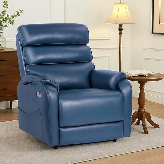 EONIX Wide Lay Flat Power Lift Recliner Chair for Elderly, Heavy Duty Oversized Faux Leather Lift Chairs with Heat and Massage and Charging Ports, Big and Tall Electric Recliner for Adults, Navy Blue