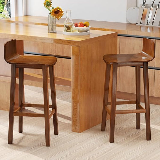 COSTWAY Solid Wood Bar Stools Set of 2, 29-inch Counter Height Chairs with Low Back and Footrest, Farmhouse Wooden Armless Barstools for Kitchen Island, Dining Room, Cafe, Breakfast, Brown