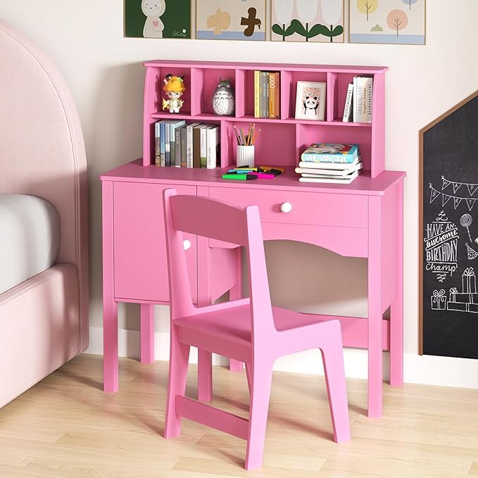 Costzon Kids Desk and Chair Set, Wooden Children Study Desk w/Hutch, Large Cabinet and Drawer for Home School Writing, Reading & Drawing, Computer Workstation Student Table and Chair for 3+ (Pink)